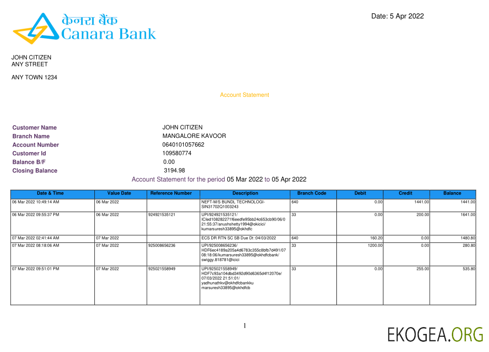 Modèle de relevé bancaire INDIA CANARA, format Word et PDF, version 3